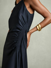 Satin Shirred Midi Dress Navy | Womens