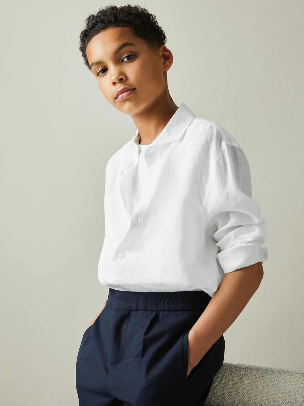 3-9 yrs Linen Cutaway Collar Shirt White | Children