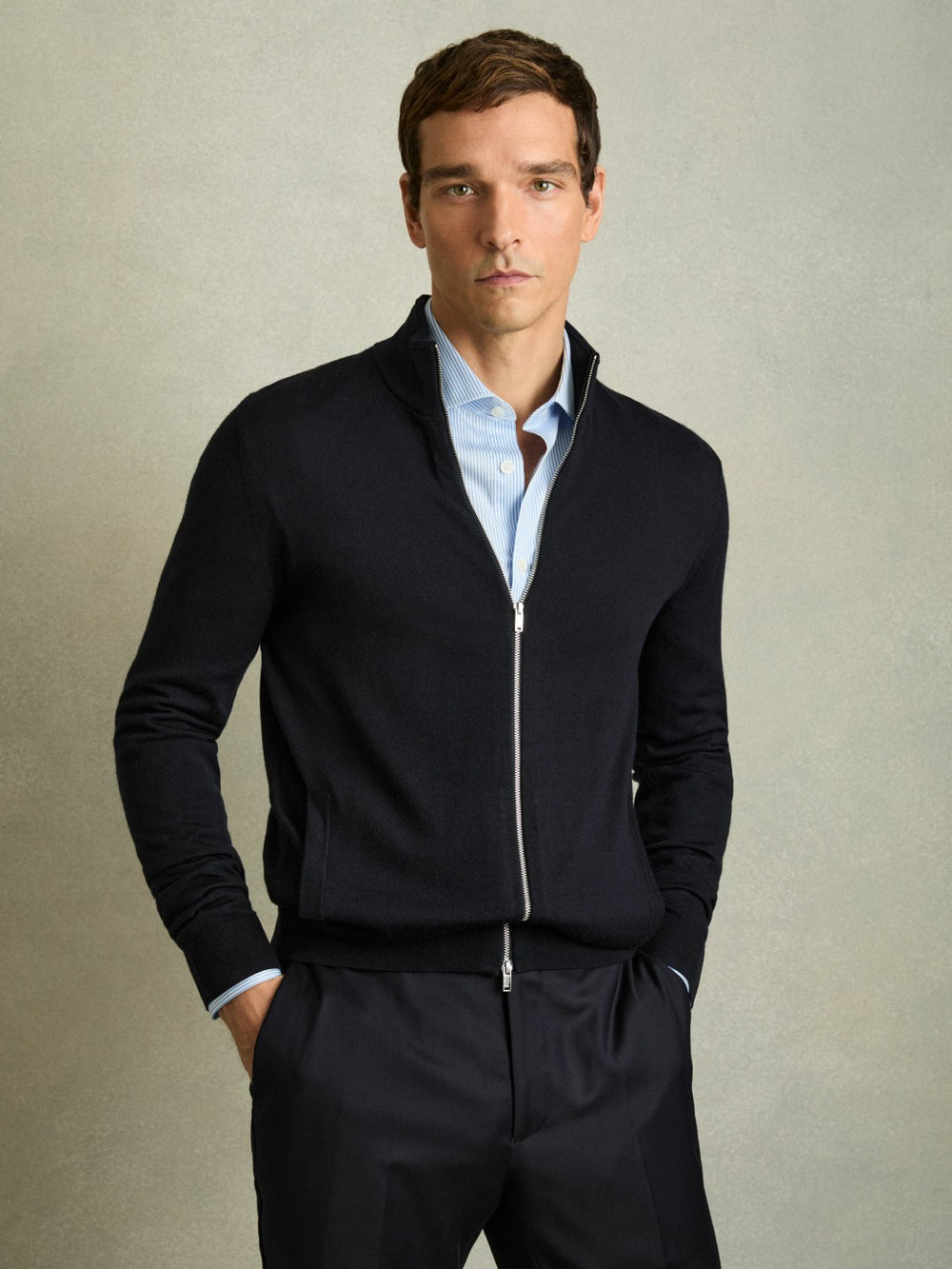 Merino Wool Zip-Through Cardigan Navy | Mens