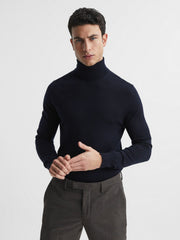 Slim Fit Merino Wool Roll Neck Jumper Navy | Mens