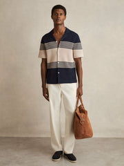 Stripe Textured-Knit Cuban-Collar Shirt Navy/Stone | Mens