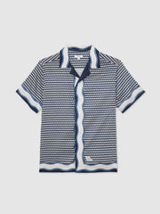 Geometric-Print Cuban-Collar Shirt White/Navy | Mens