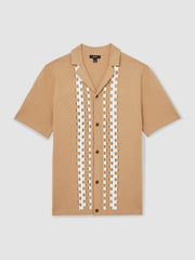 Geometric Cuban-Collar Knit Shirt Camel/Off White | Mens