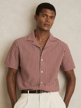 Textured-Stripe Cuban-Collar Shirt Rust Red/White | Mens