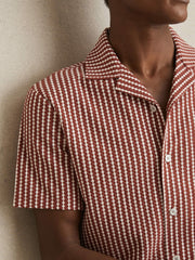 Textured-Stripe Cuban-Collar Shirt Rust Red/White | Mens