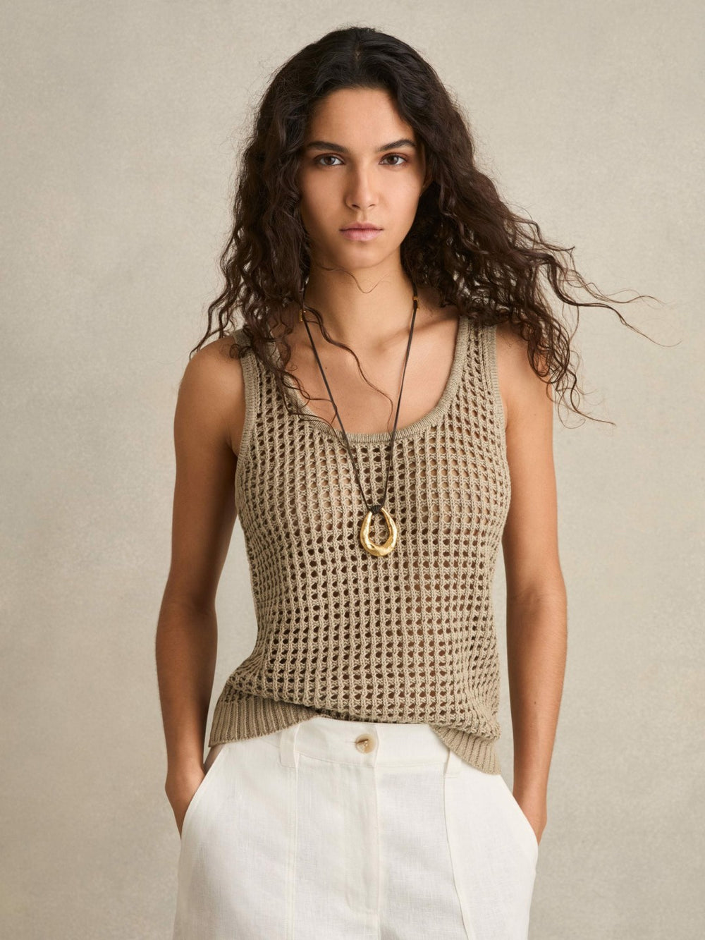 Linen Open Knit Vest Stone | Womens
