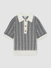 Zig-Zag Knit Polo Shirt Blue/Ivory | Womens