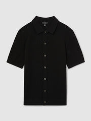 Textured Knit Button-Through Shirt Black | Mens