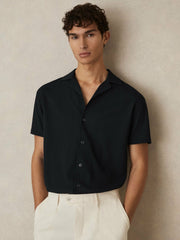 Textured Crepe Cuban Collar Shirt Navy | Mens