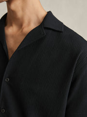 Textured Crepe Cuban Collar Shirt Navy | Mens