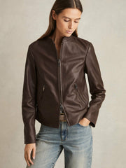 Leather Collarless Biker Jacket Chocolate Brown | Womens