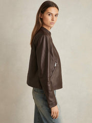 Leather Collarless Biker Jacket Chocolate Brown | Womens