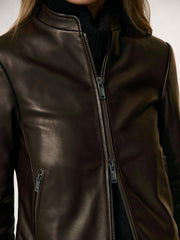 Leather Collarless Biker Jacket Chocolate Brown | Womens