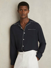Cuban Collar Shirt with Piping Detail Shirt Navy | Mens