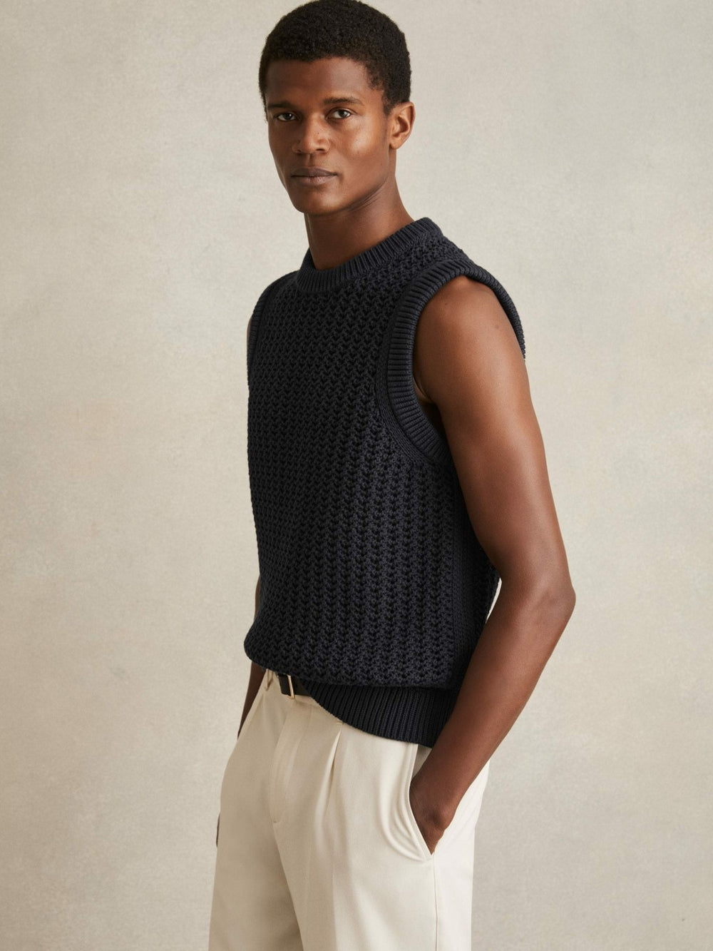 Cotton-Blend Crochet Vest Navy | Mens