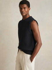Cotton-Blend Crochet Vest Navy | Mens