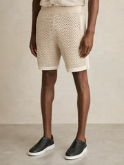 Cotton-Blend Crochet Shorts Taupe/Off White | Mens