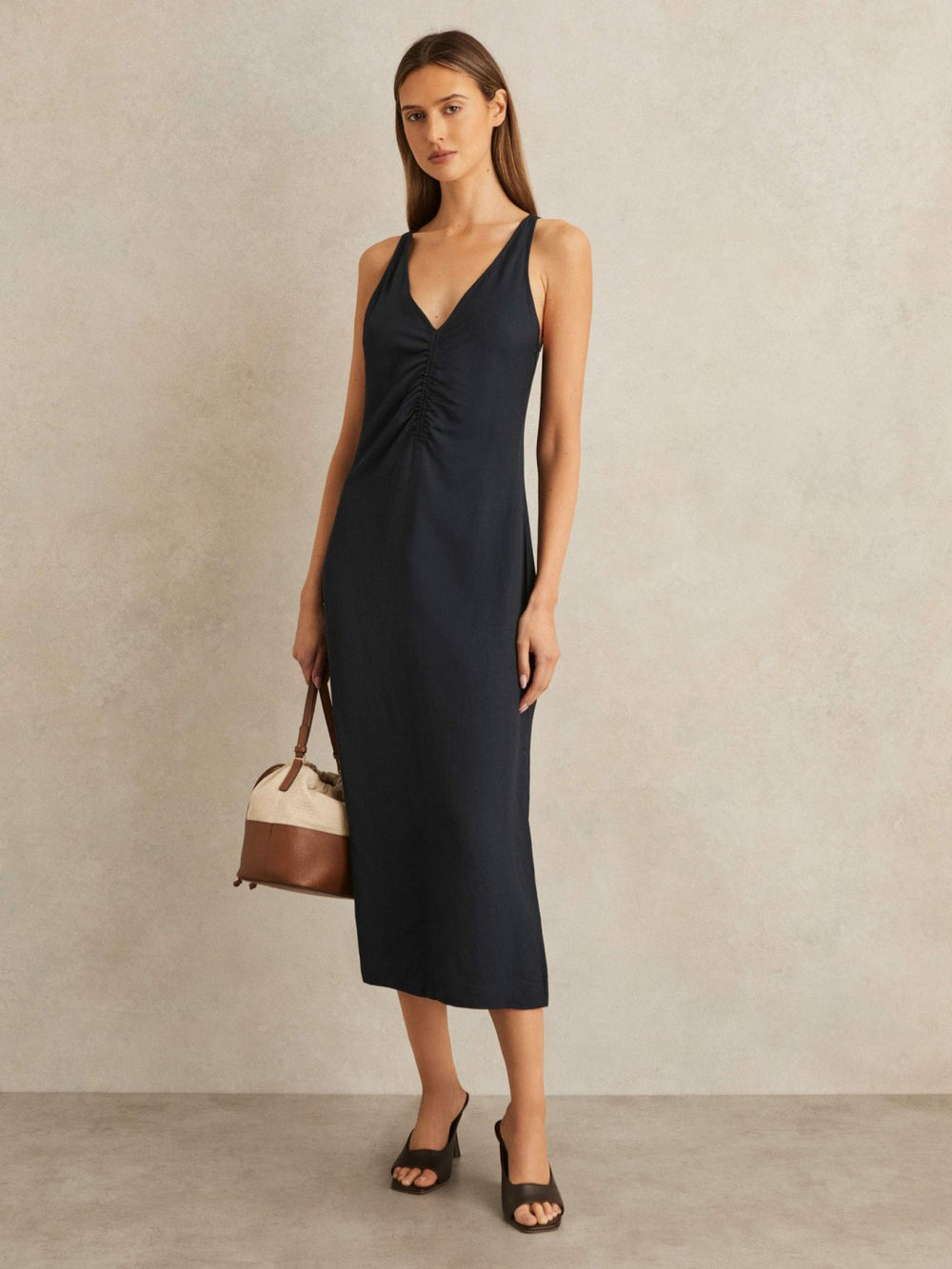 Ruched Sleeveless Midi Dress With Linen Navy | Womens