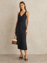 Ruched Sleeveless Midi Dress With Linen Navy | Womens