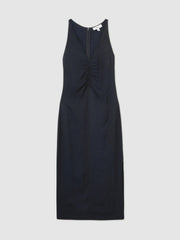 Ruched Sleeveless Midi Dress With Linen Navy | Womens