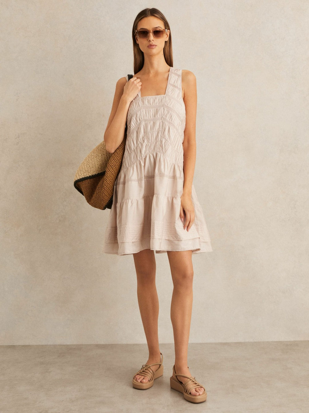 Shirred Ruffle Hem Mini Dress Neutral | Womens