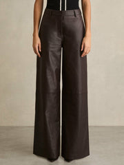 Petite Leather Wide Leg Trousers Chocolate | Womens