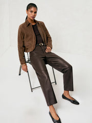 Petite Leather Slim-Leg Trousers Chocolate | Womens