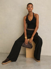 Petite Wide-Leg Elasticated-Waist Trousers Black | Womens