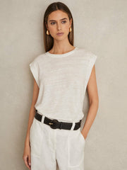 Linen Cap-Sleeve T-Shirt White | Womens