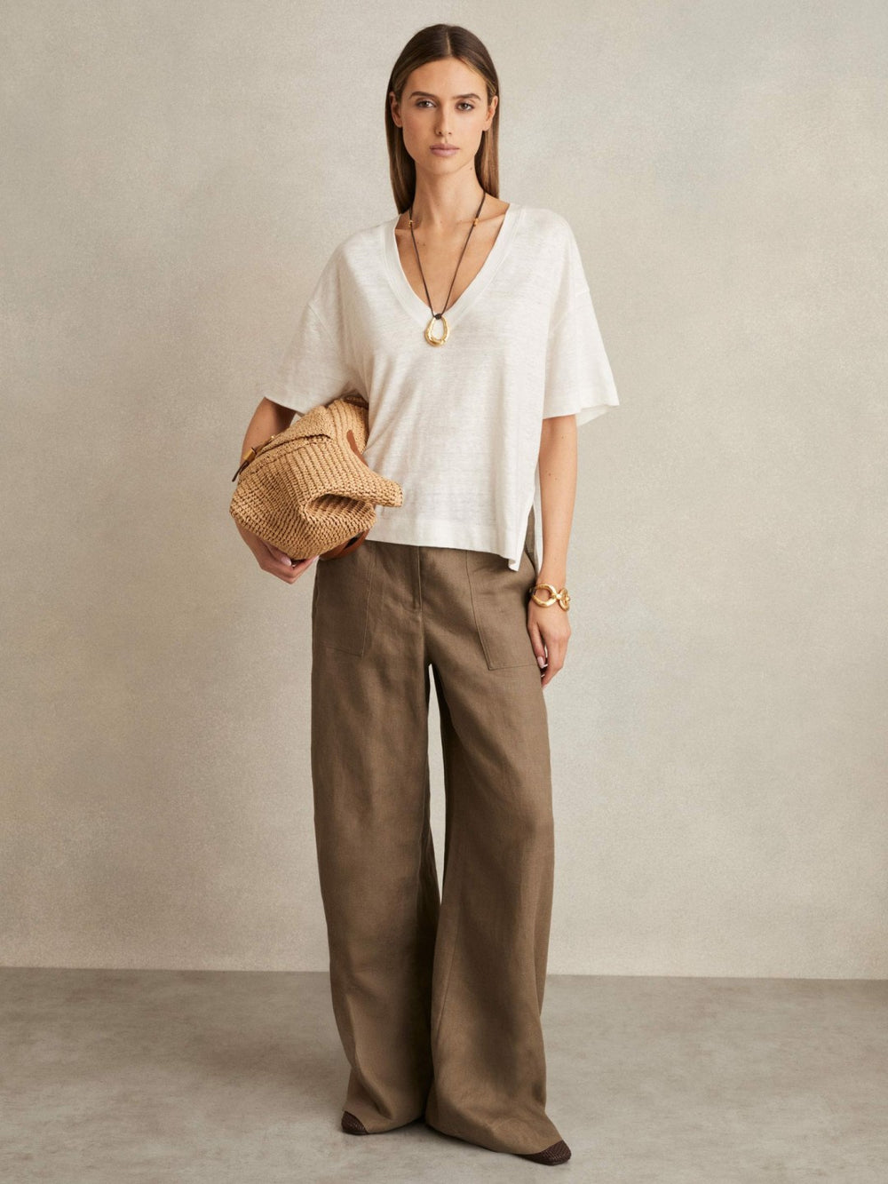 Linen V-Neck T-Shirt White | Womens