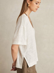 Linen V-Neck T-Shirt White | Womens
