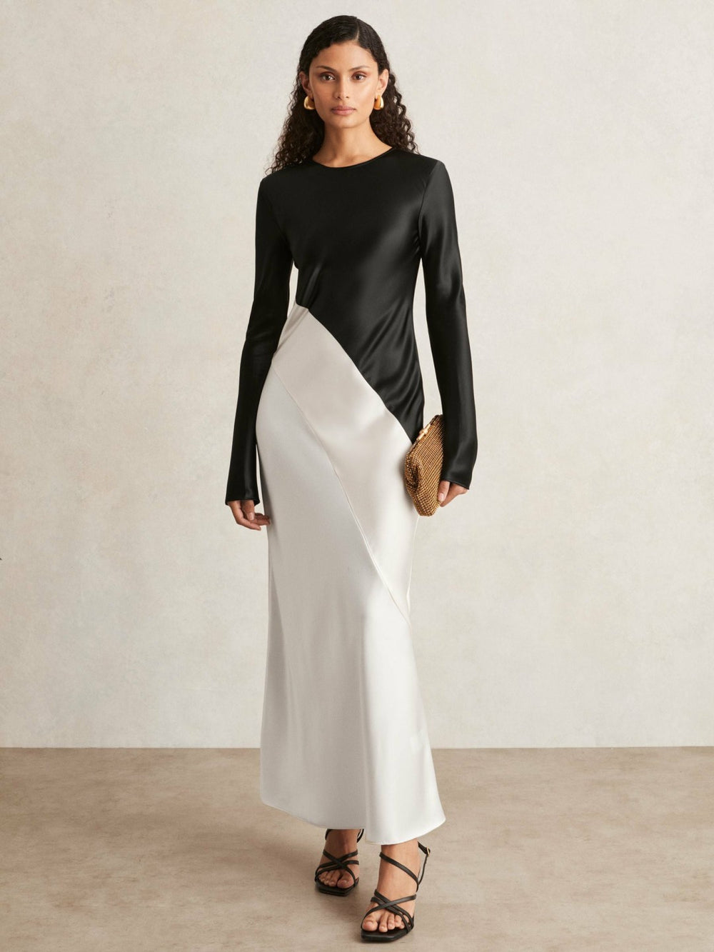 Acler Satin Colour Block Midi Dress Ivory/Black | Womens