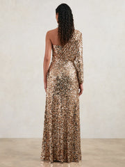 Halston Sequin One Shoulder Maxi Dress Gold | Womens
