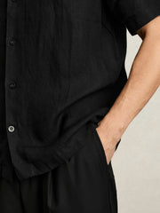 Linen Cuban-Collar Shirt Black | Mens