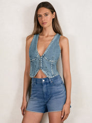 Studded Denim Vest Indigo Blue | Womens