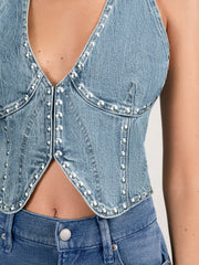 Studded Denim Vest Indigo Blue | Womens