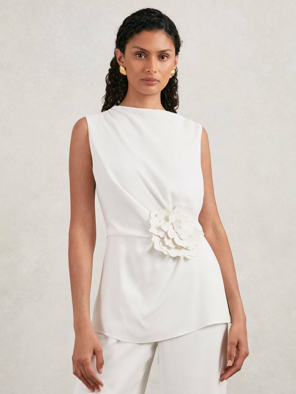 Halston Crepe Wide Leg Jumpsuit Ivory | Womens
