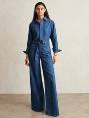 Paige Maraya Blue Wide Leg Belted Denim Jumpsuit Maraya Blue | Womens