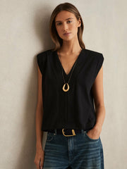 Cotton Shoulder-Pad V-Neck Top Black | Womens