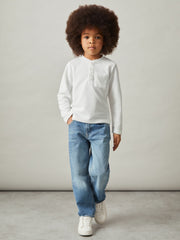 13-14 yrs Cotton-Blend Waffle Henley T-Shirt White | Children