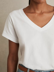 Brushed-Cotton V-Neck T-Shirt White | Womens
