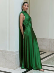 Satin Cape Maxi Dress Green | Womens