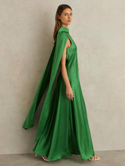 Satin Cape Maxi Dress Green | Womens