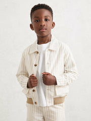 3-9 yrs Cotton Pinstripe Harrington Jacket Off White/Taupe Brown | Children