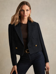 Double-Breasted Textured Cropped Blazer with Wool and Cotton Navy | Womens