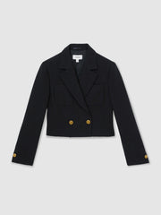 Double-Breasted Textured Cropped Blazer with Wool and Cotton Navy | Womens