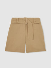 Cotton-Blend Belted Shorts With Linen Camel | Womens