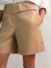 Cotton-Blend Belted Shorts With Linen Camel | Womens