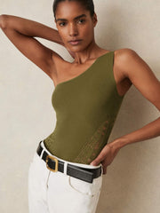 Lace-Knit Detail One-Shoulder Bodysuit Green | Womens