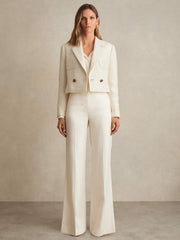 Double-Breasted Textured Cropped Blazer with Wool and Cotton White | Womens